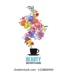 Abstract vector illustration of tea cup and flowers.