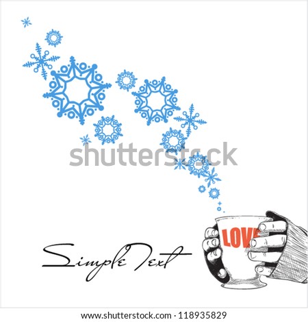 Abstract vector illustration of tea cup and snowflakes.