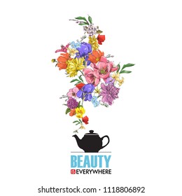 Abstract vector illustration of tea pot and flowers.