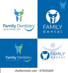 Abstract Vector illustration of teeth. Dental logo. Family dental clinic on white and blue backgrounds.