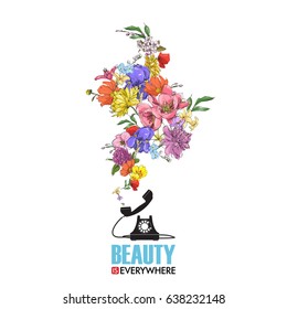 Abstract vector illustration of telephone and flowers.