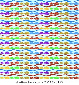 Abstract vector illustration with texture. Multicolored waves and abstract shapes alternate in horizontal lines on a bluish background. Fabric and surface design.