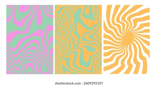 Abstract vector illustration with three colorful, wavy patterns in orange, green, pink. Features organic, flowing lines with vibrant, dynamic design perfect for modern art and design.