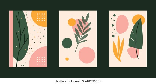 Ilustração vetorial abstrata de três cartazes minimalistas com elementos botânicos, apresentando uma paleta de cores rosa e verde, formas simples. Plano de fundo escuro isolado