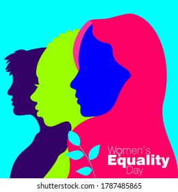 An abstract vector illustration of three Multi Ethnic women in profile view on a teal color isolated background for Women's Equality Day