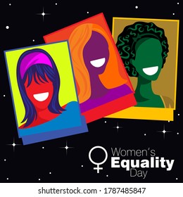 An abstract vector illustration of a three super Star ladies in frontal view on a black starry isolated background for Women's Equality Day