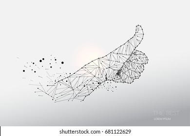 Abstract vector illustration of thumb up finger. line dot graphic design. concept of the best. - line stroke weight editable
