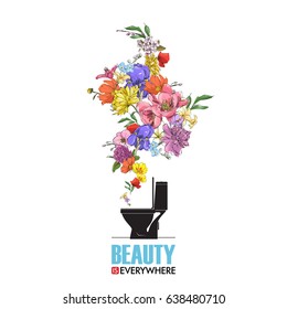Abstract vector illustration of toilet bowl and flowers.
