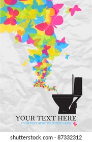 Abstract vector illustration with toilet bowl and butterflies.