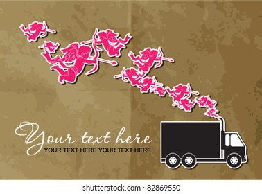 Abstract vector illustration with track and cupids on a paper-background. Place for your text
