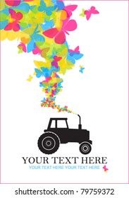 Abstract vector illustration with tractor and butterflies. Place for your text
