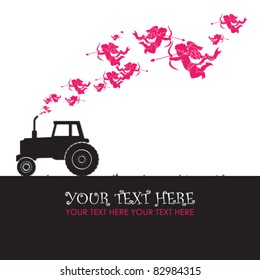 Abstract vector illustration with tractor and cupids. Vector illustration. Place for your text.
