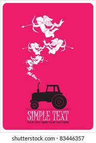 Abstract vector illustration with tractor and cupids. Vector illustration. Place for your text.