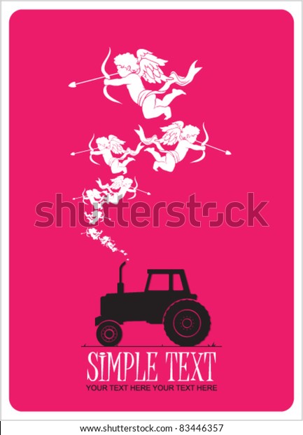 Abstract vector illustration with\
tractor and cupids. Vector illustration. Place for your\
text.