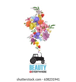 Abstract vector illustration of tractor and flowers.