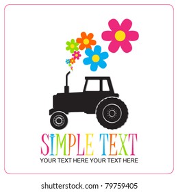 Abstract vector illustration with tractor and flowers. Place for your text.