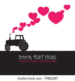 Abstract vector illustration with tractor and hearts. Place for your text.