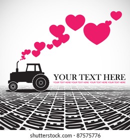 Abstract vector illustration with tractor and hearts. Place for your text.