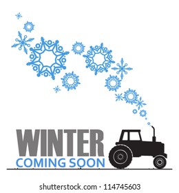 Abstract vector illustration of tractor and snowflakes.