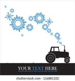 Abstract vector illustration of tractor and snowflakes.