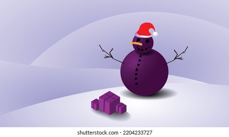 Abstract vector illustration with a traditional winter theme. A snowman consisting of two balls in a trendy purple color. Christmas gifts, snowy mountains, Christmas, Christmas holidays, winter, gift 