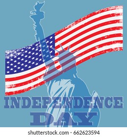 Abstract vector illustration of a translucent Statue of Liberty and inscription Independence Day on a background of the American flag with a retro texture superimposed on it