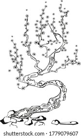 Abstract vector illustration of the tree. Blossom flowers of peach or Japanese cherry. Chinese or Japanese style for stencil isolated, black on white background