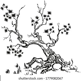 Resumen de la ilustración vectorial del árbol. Estilo chino o japonés para esténcil aislado, negro sobre fondo blanco