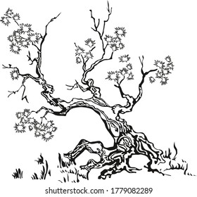 Resumen de la ilustración vectorial del árbol. Estilo chino o japonés para esténcil aislado, negro sobre fondo blanco