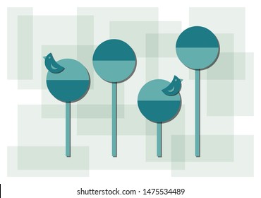 Abstract vector illustration with trees and birds in paper cut flat style. Stylized geometric shapes in blue mint colors on background of light green shades.