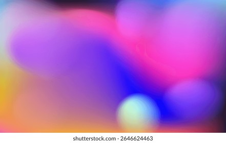 Ilustração vetorial abstrata em estilo moderno de "gradientes borrados", apresentando formas suaves e arredondadas em roxo vibrante, azul, rosa, amarelo e laranja. Moderno e popular para fundos digitais e IU.