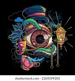 abstract vector illustration for t-shirt, eyeball with tentacles octopus wearing a hat and carrying a lantern