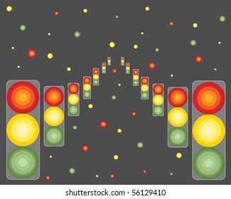 abstract vector illustration of two lines of traffic lights converging in the distance with random colored lights on a gray background