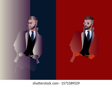 Abstract vector illustration of two men (young and old) in a coat and suit, men's clothing store, color print