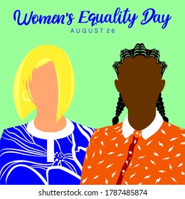 An abstract vector illustration of two multi ethnic women in close-up frontal view on a green isolated background for Women's Equality Day