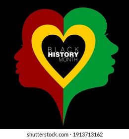 Abstract vector illustration of two opposing faces for Black History Month united by love on a black background