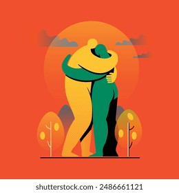 Abstract vector illustration of two people hugging each other, autumn 
