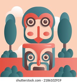 Abstract vector illustration of the two-head statue of the Mayan ethnic in unique color