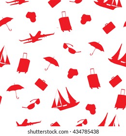 Abstract vector illustration, vacation and travel picture, pattern with outline airplane, glasses, umbrella, suitcase, camera, sailboat on the white background