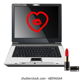 Abstract vector illustration for valentine's days. The computer with drawn on the monitor lipstick heart