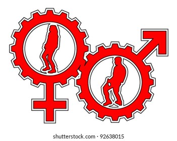 An abstract vector illustration of a venus and a mars symbol gear with a female and a male dancer inside.