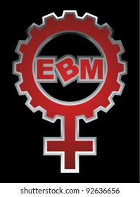 An abstract vector illustration of a venus symbol gear with the text “EBM” inside.