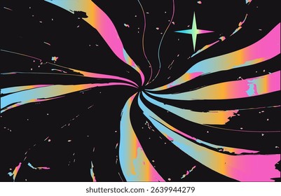 Abstract vector illustration of vibrant holographic swirls of pink, blue, yellow with a starburst on black background. Fluid, dynamic, colorful image.