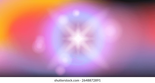 Abstract vector illustration in vibrant style, featuring gradients of pink, blue, yellow, and white, with a glowing starburst and soft circular bokeh shapes. Y2K gradient style is trending now.