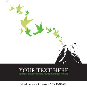 Abstract vector illustration of volcano  and birds.