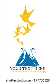 Abstract vector illustration of volcano  and birds.
