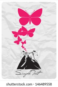 Abstract vector illustration with volcano and butterflies.
