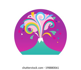 Abstract vector illustration with volcano and hearts.