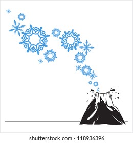 Abstract vector illustration of volcano  and snowflakes.