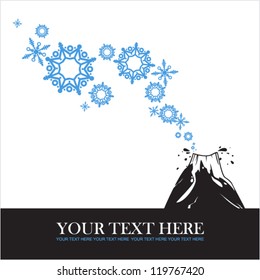 Abstract vector illustration of volcano  and snowflakes.